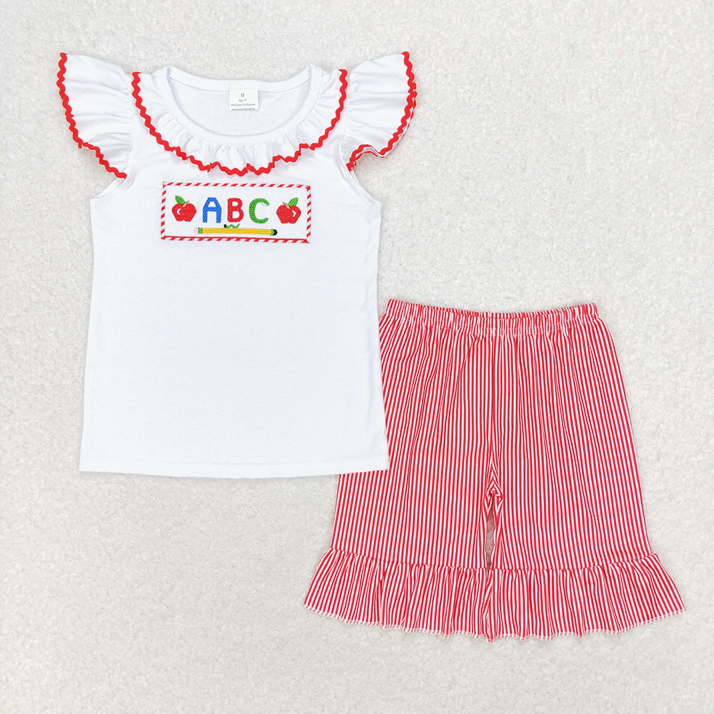 Baby Girl Short Sleeves Embroidery Tops Stripes Shorts Back To School Set Clothes