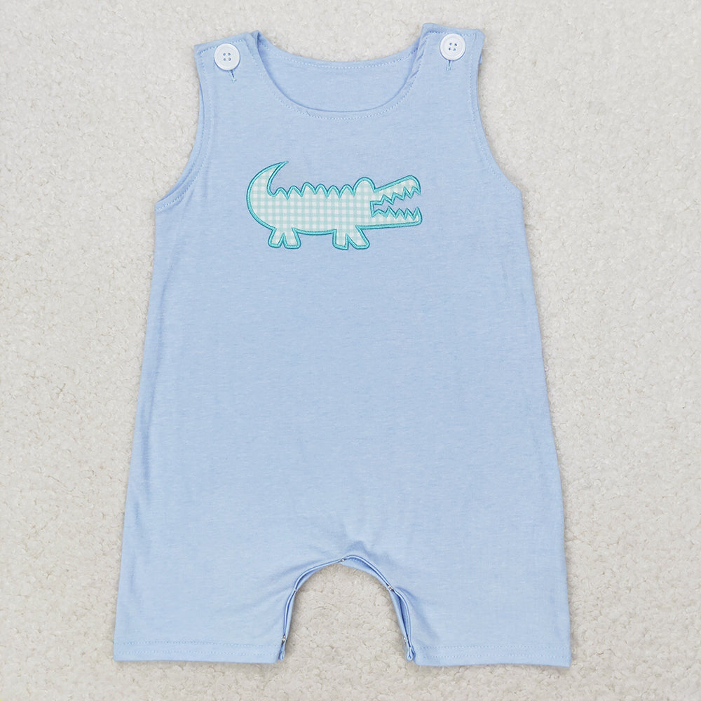 Baby Boy Sleeveless Embroidery Crocodile One Piece Blue Romper