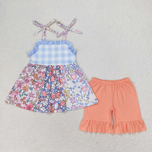 Baby Girl Sleeveless Floral Plaid Tops Orange Shorts Summer Set