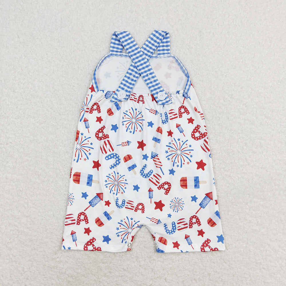 Baby Infant Boy Blue Plaid Pocket 4th Of July USA Romper