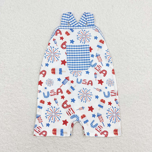 Baby Infant Boy Blue Plaid Pocket 4th Of July USA Romper