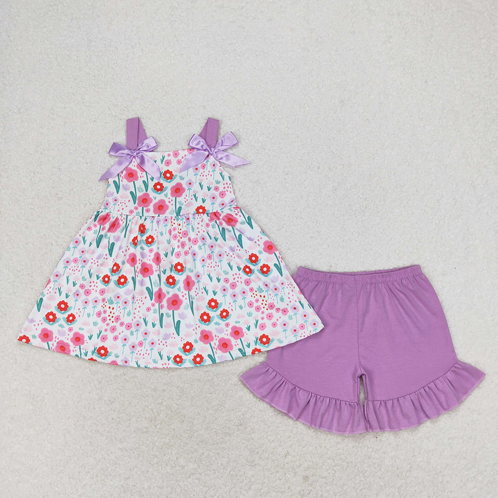 Baby Girl Sleeveless Floral Tops Purple Cotton Shorts Set