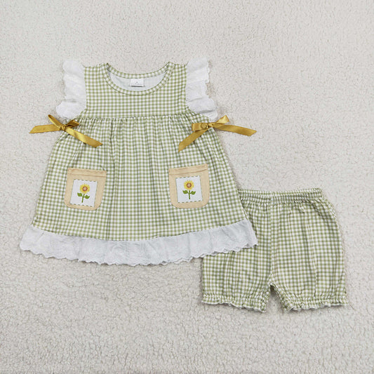 Baby Girl Short Sleeves Sunflower Pocket Tops Plaid Shorts Set