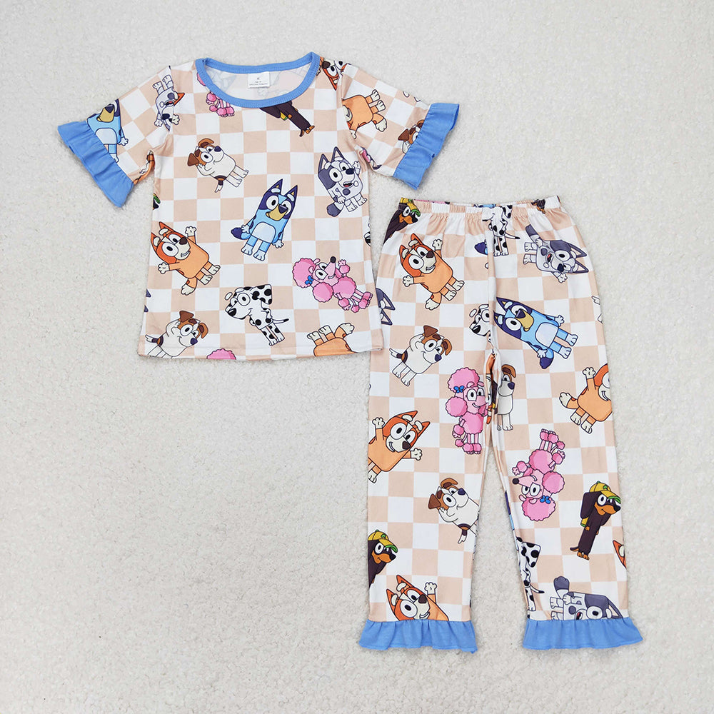 Baby Girl Short Sleeves Dogs Checkered Shirt Pants Pajamas Set