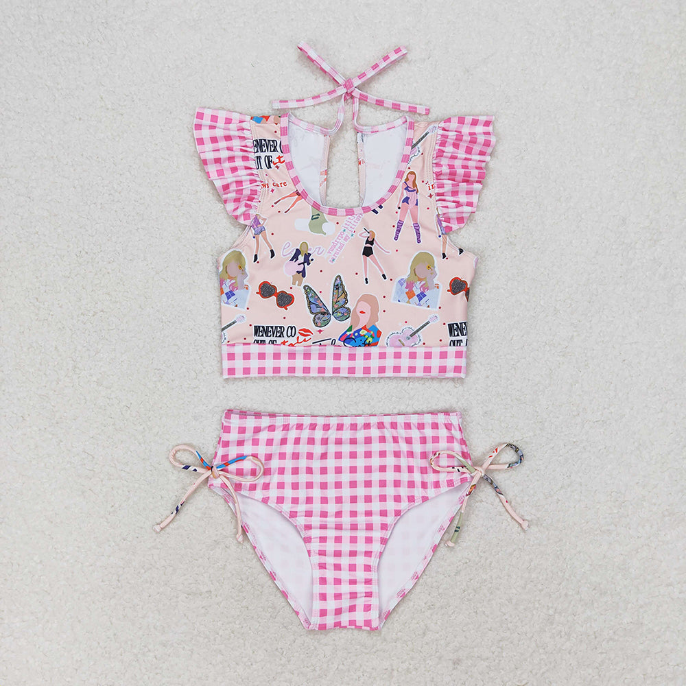 Baby Girl Summer Singer Pink Tops Plaid Bummie Swimsuit