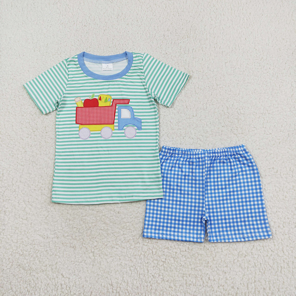 Baby Boy Back To School Truck Stripes Shirt Plaid Shorts Set