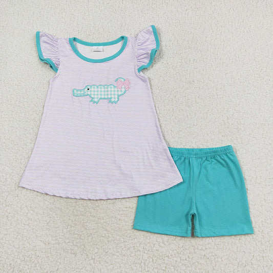 Baby Girl Embroidery Crocodile Stripes Tops Shorts Set