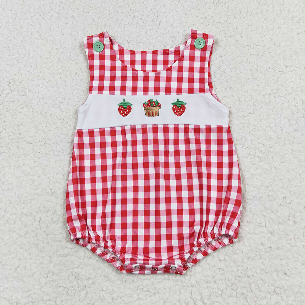 Baby Girl Embroidery Strawberry Plaid One Piece Romper