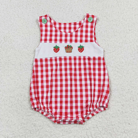 Baby Girl Embroidery Strawberry Plaid One Piece Romper