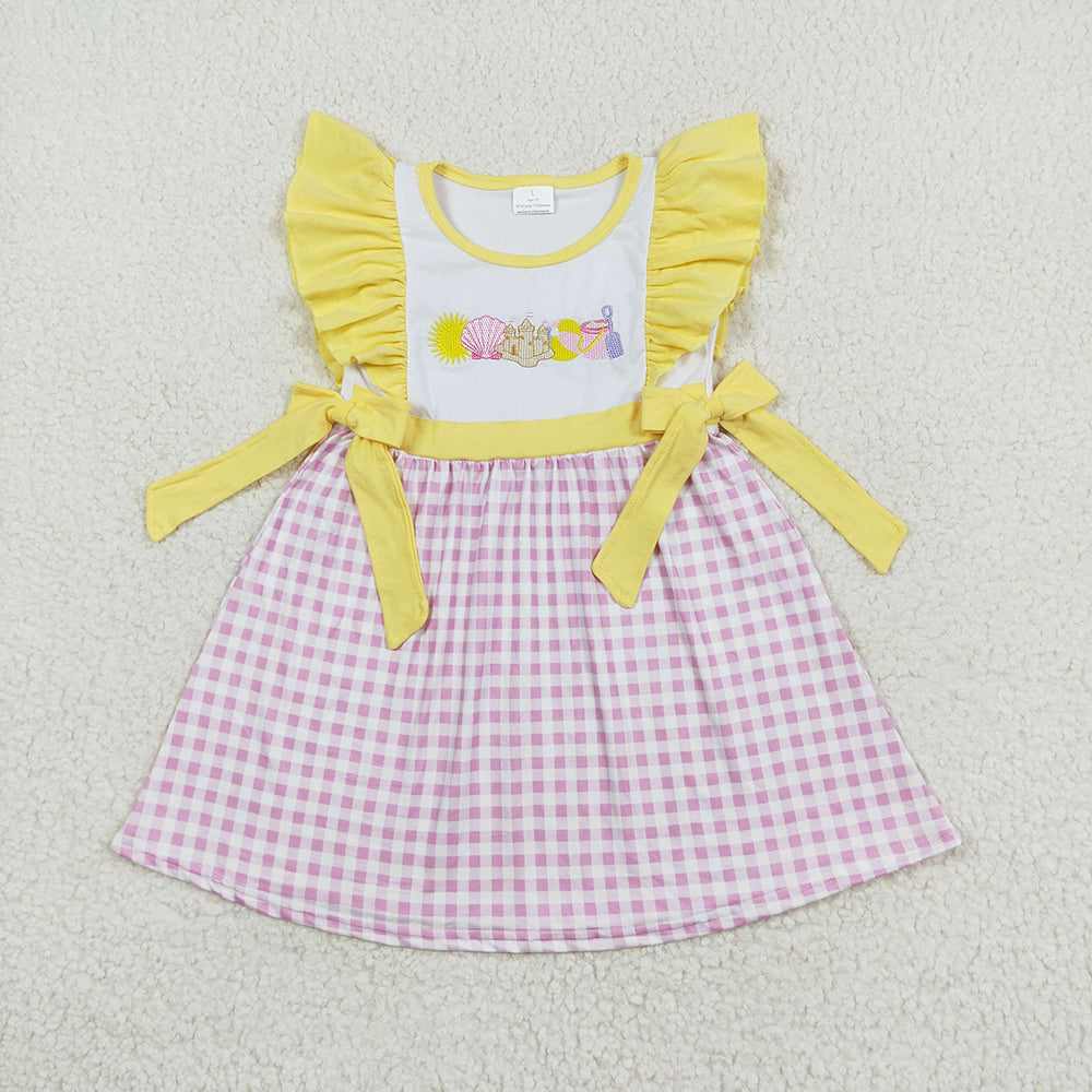 Baby Girl Short Sleeves Embroidery Beach Summer Plaid Dress