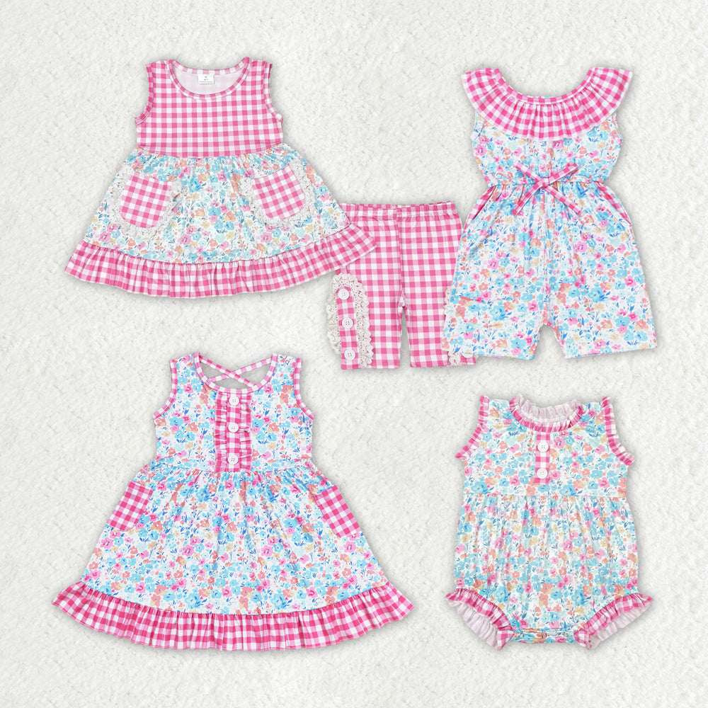 Baby Girl Floral Pink Plaid Sibling Romper Dress Set