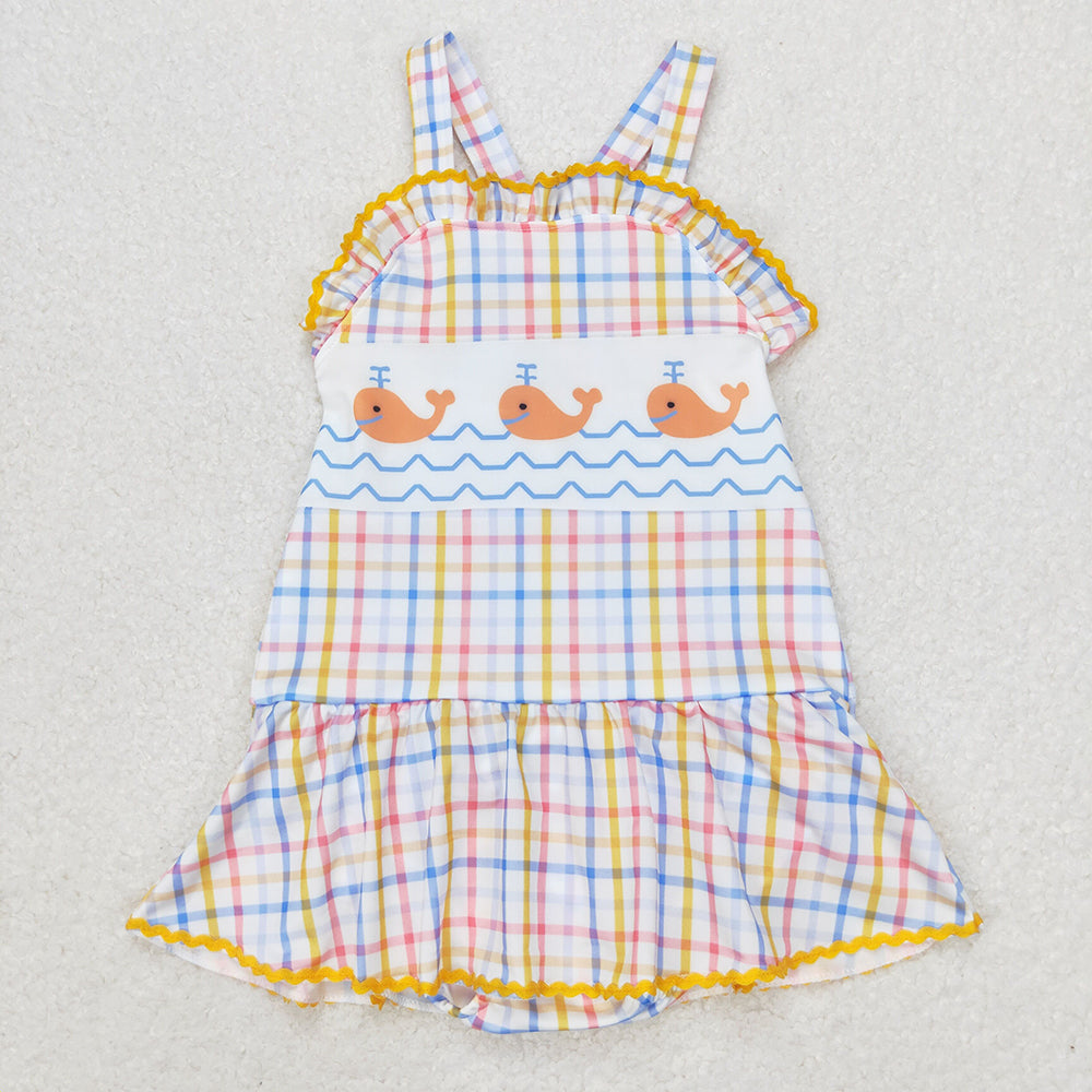 Baby Girl Sleeveless Whales Plaid One Piece Swimsuit