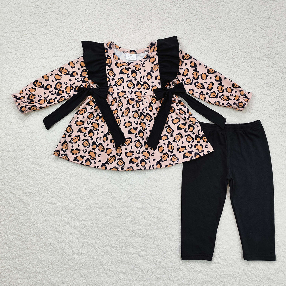 Baby Girl Long Sleeves Leopard Bows Sibling Romper Clothes Set