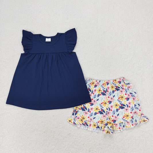 Baby Girl Short Sleeves Navy Blue Cotton Tops Flower Shorts Set