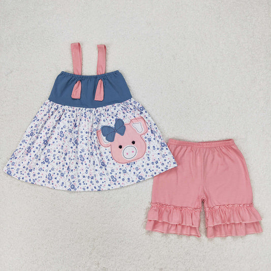 Baby Girl Sleeveless Pig Tunic Pink Ruffle Shorts Set