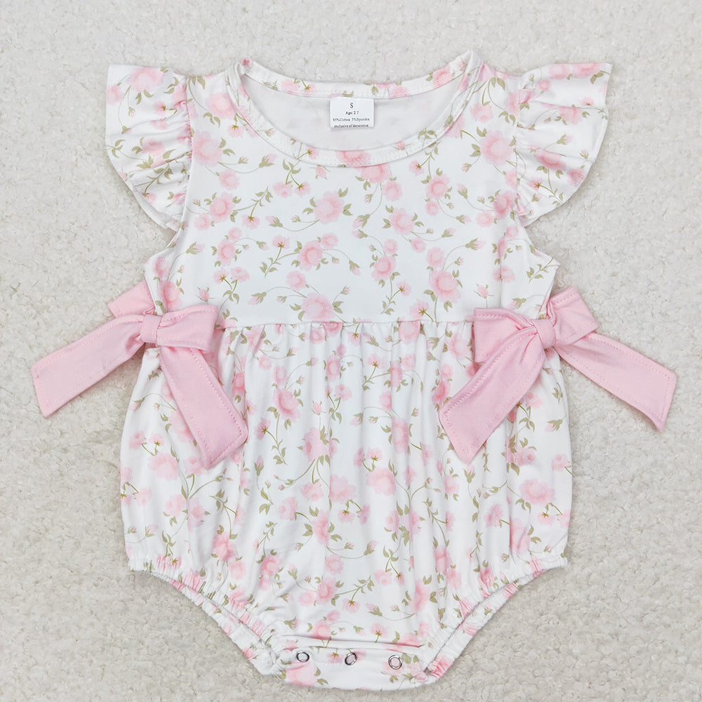 Baby Girl Short Sleeves Pink Flower Bubble One Piece Romper