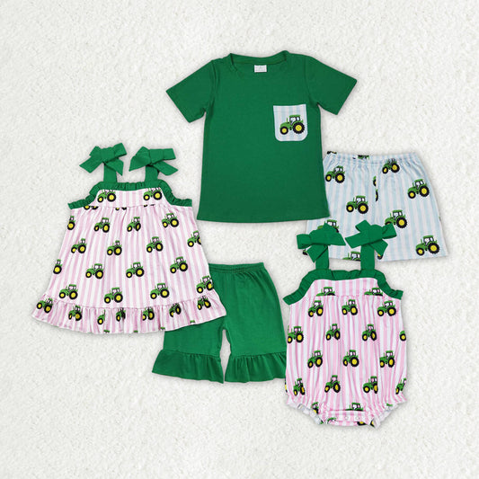 Baby Boy Girl Sibling Green Tractors Romper Set