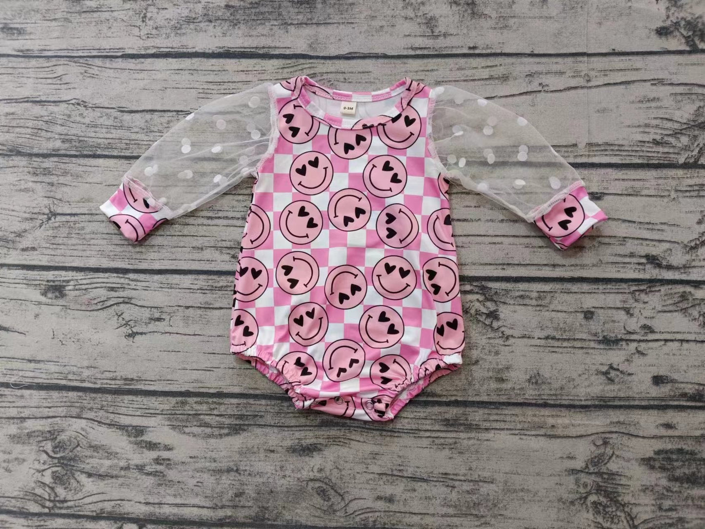 Baby Girl Infant Long Sleeves Valentines Checkered Smile Bubble Romper Moq 5