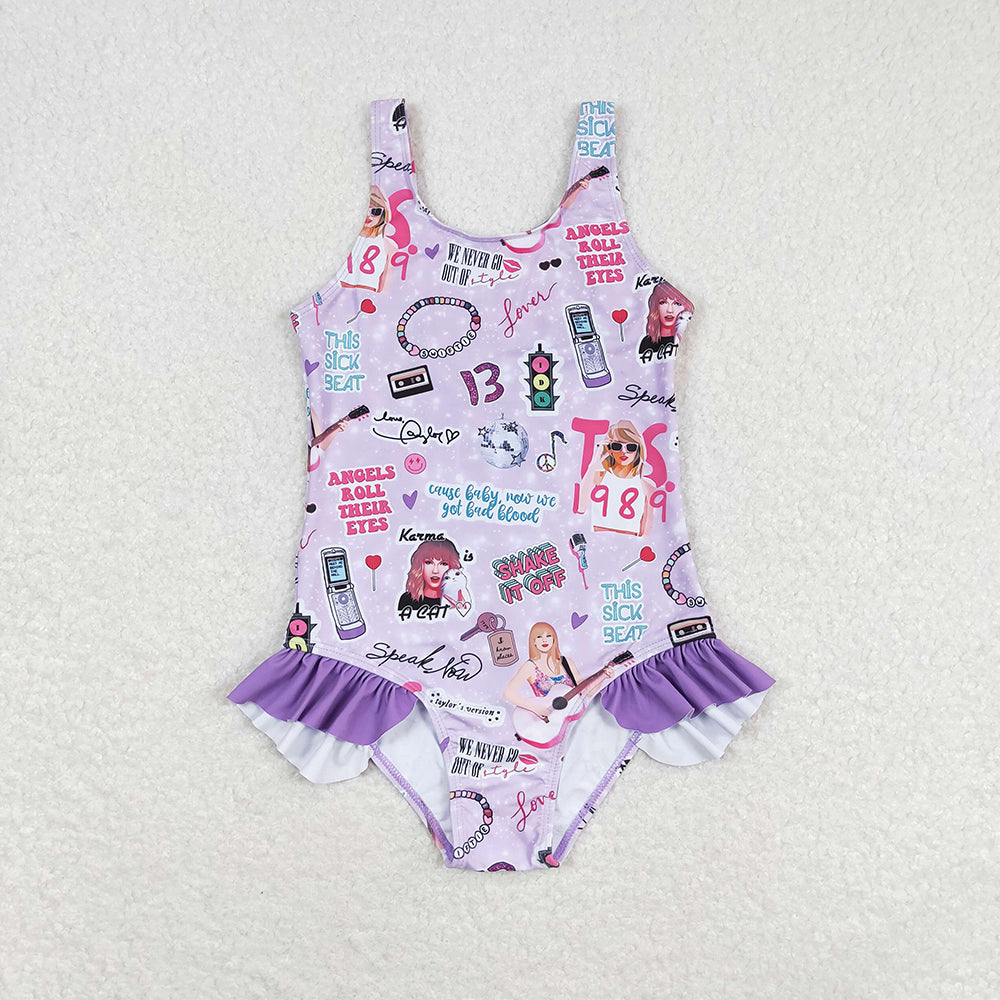 Baby Girl Sleeveless Ruffle One Piece Singer Purple Swimsuit