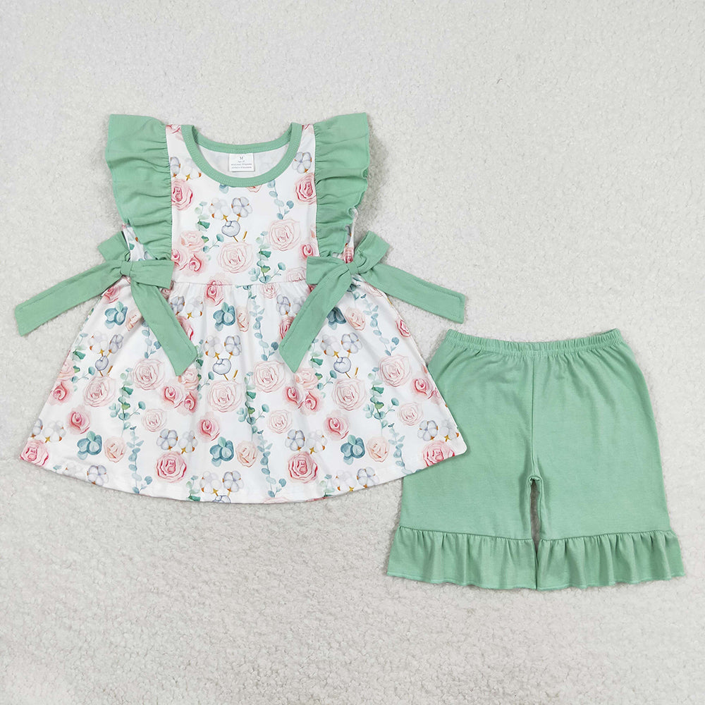 Baby Girl Flower Ruffle Bows Tunic Green Shorts Summer Set