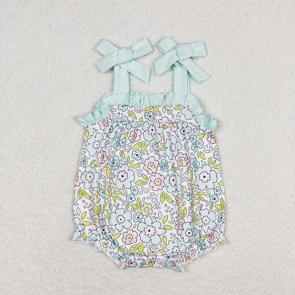 Baby Girl Sleeveless Flower Sibling Romper Green Set