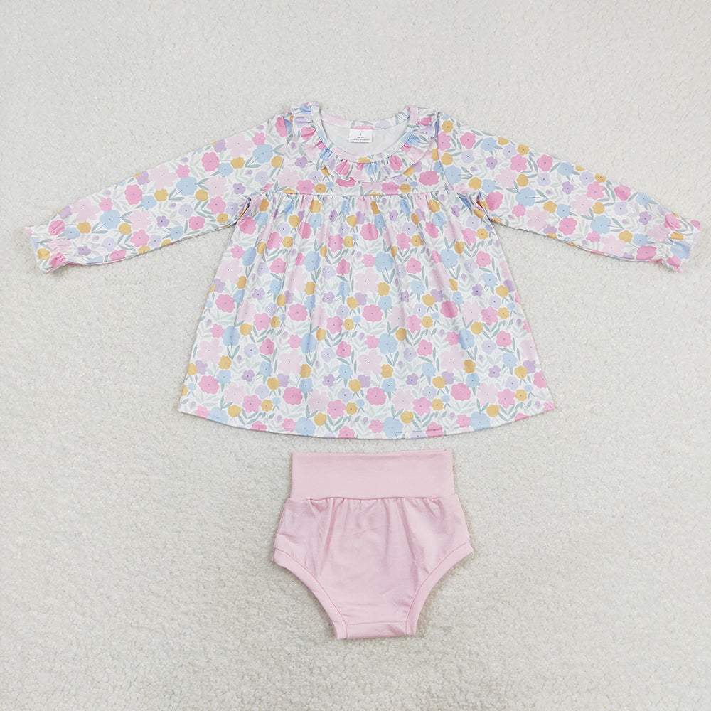 Baby Girl Long Sleeves Flower Tops Pink Bummie Set