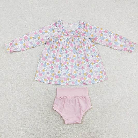 Baby Girl Long Sleeves Flower Tops Pink Bummie Set