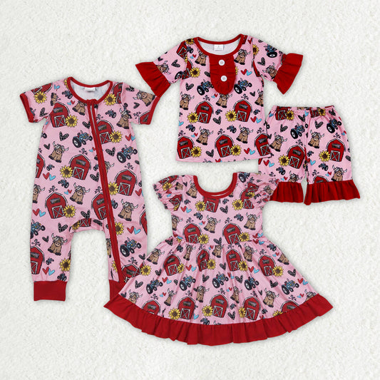 Baby Girl Short Sleeves Farm Sunflower Sibling Romper Dress Set Clothes