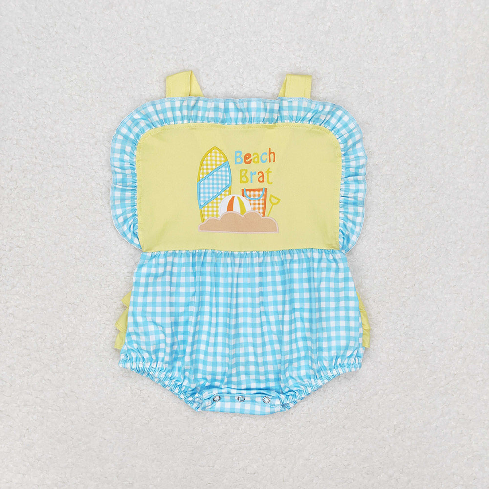 Baby Infant Girl Beach Blue Checkered Bubble One Piece Romper