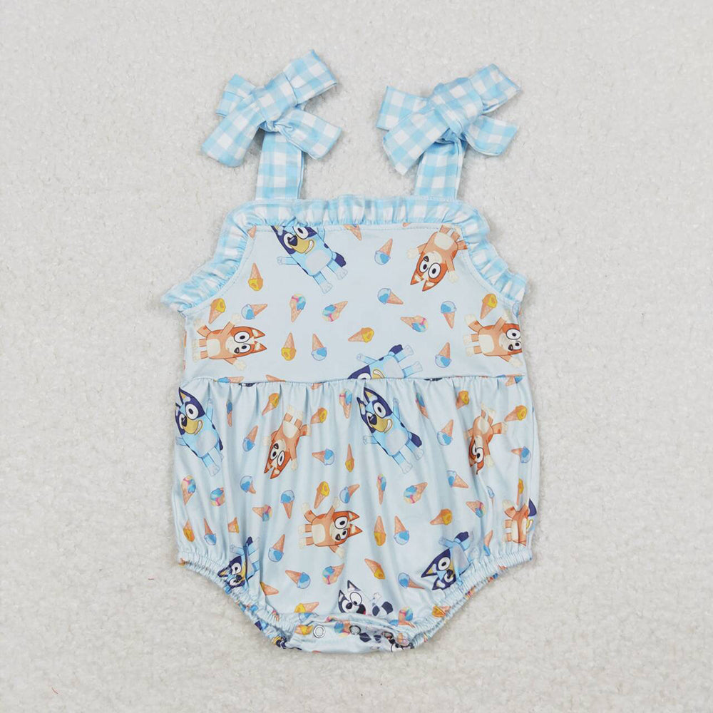 Baby Girl Straps Dogs Sibling Sister Blue Dress Romper Set