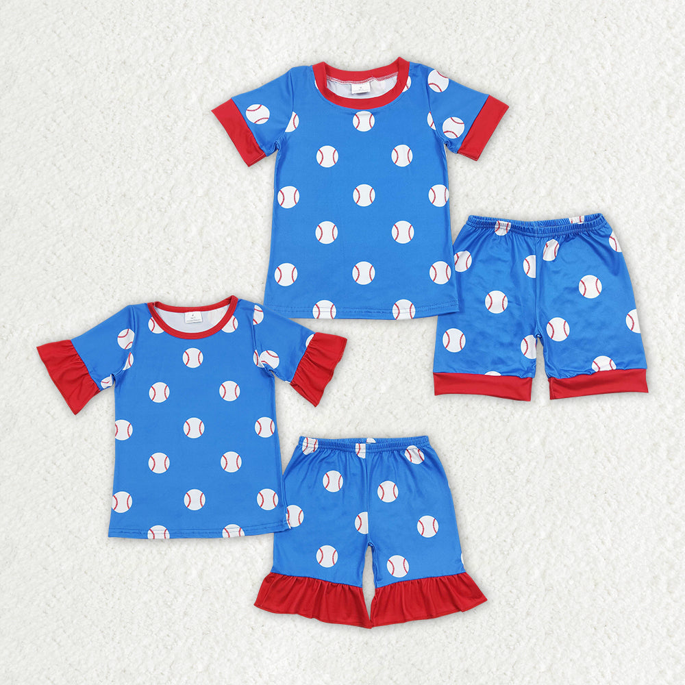 Baby Boy Girl Baseball Shirt Shorts Pajamas Sibling Blue Set