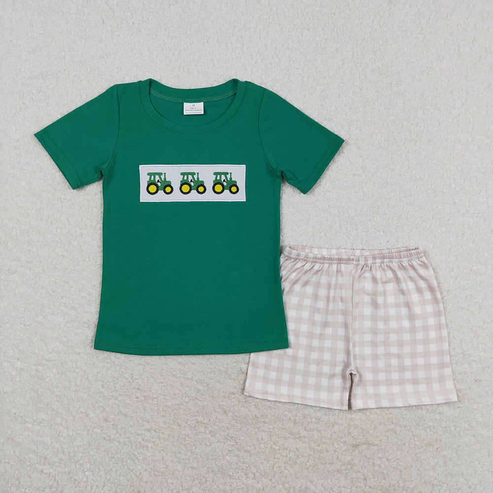 Baby Boy Green Embroidery Tractors Cotton Shirt Summer Plaid Shorts Set