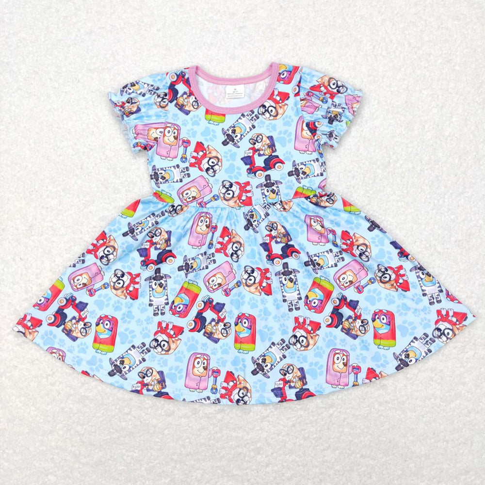 Baby Boy Girl Short Sleeves Dogs Sibling Blue Dress Set