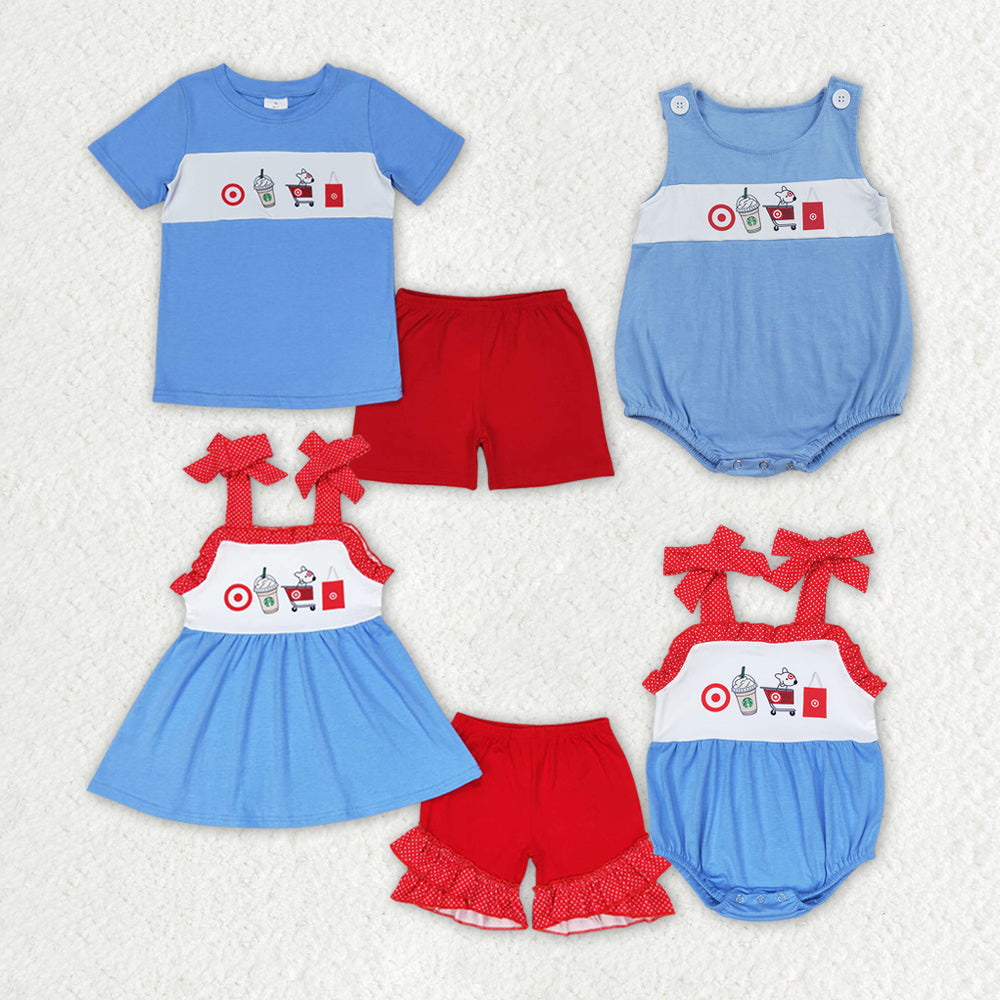 Baby Boy Girl Coffee Cart Sibling Blue Romper Clothes Set