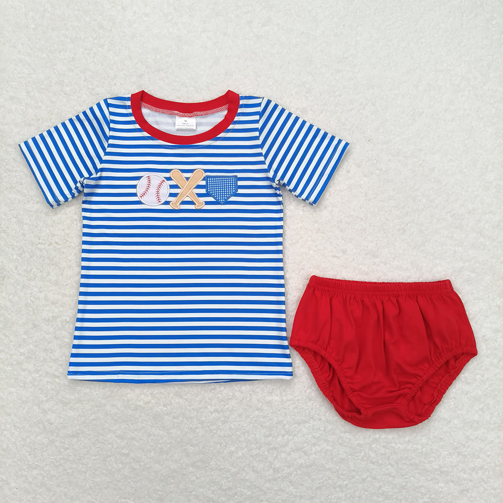 Baby Boy Girl Blue Stripes Embroidery Baseball Summer Sibling Clothes Set