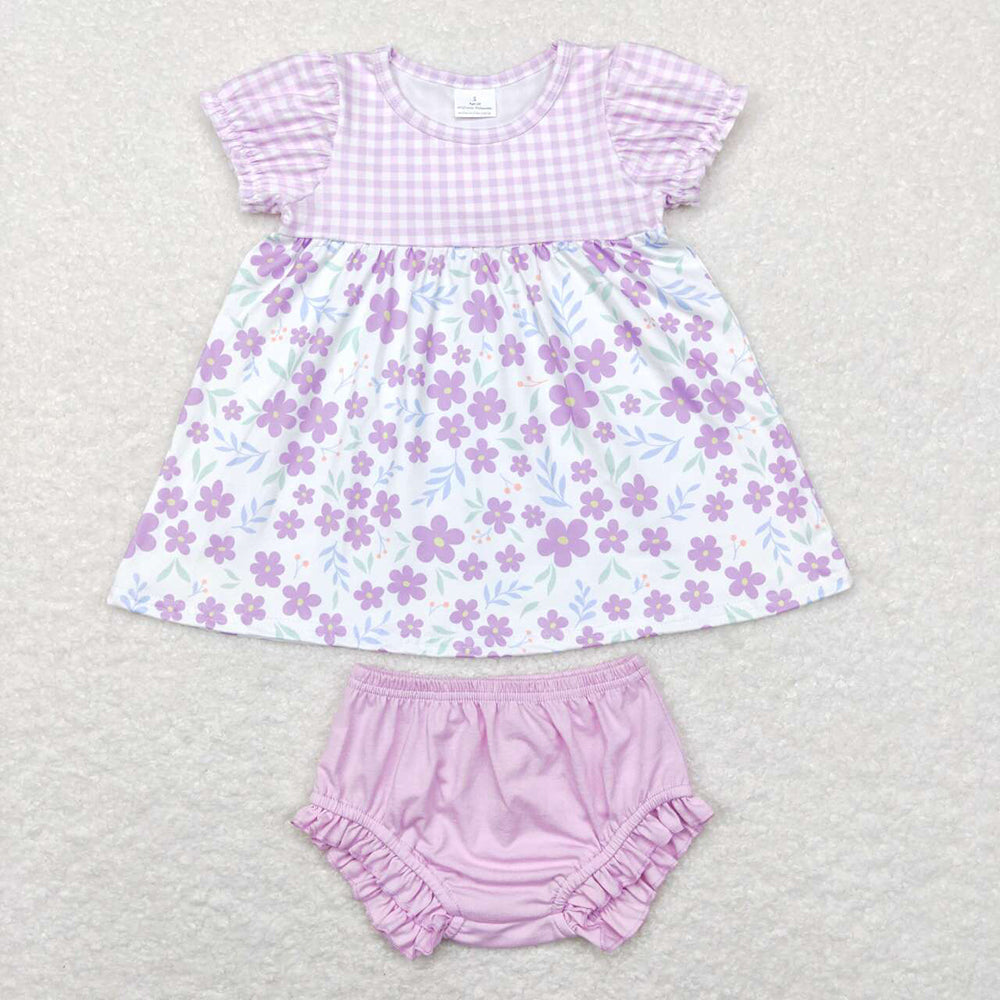 Baby Girl Short Sleeves Purple Flower Sibling Set