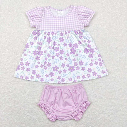 Baby Girl Short Sleeves Purple Flower Sibling Set