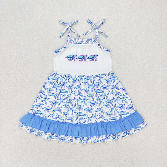 Baby Girl Sleeveless Embroidery Turtles Blue Dress