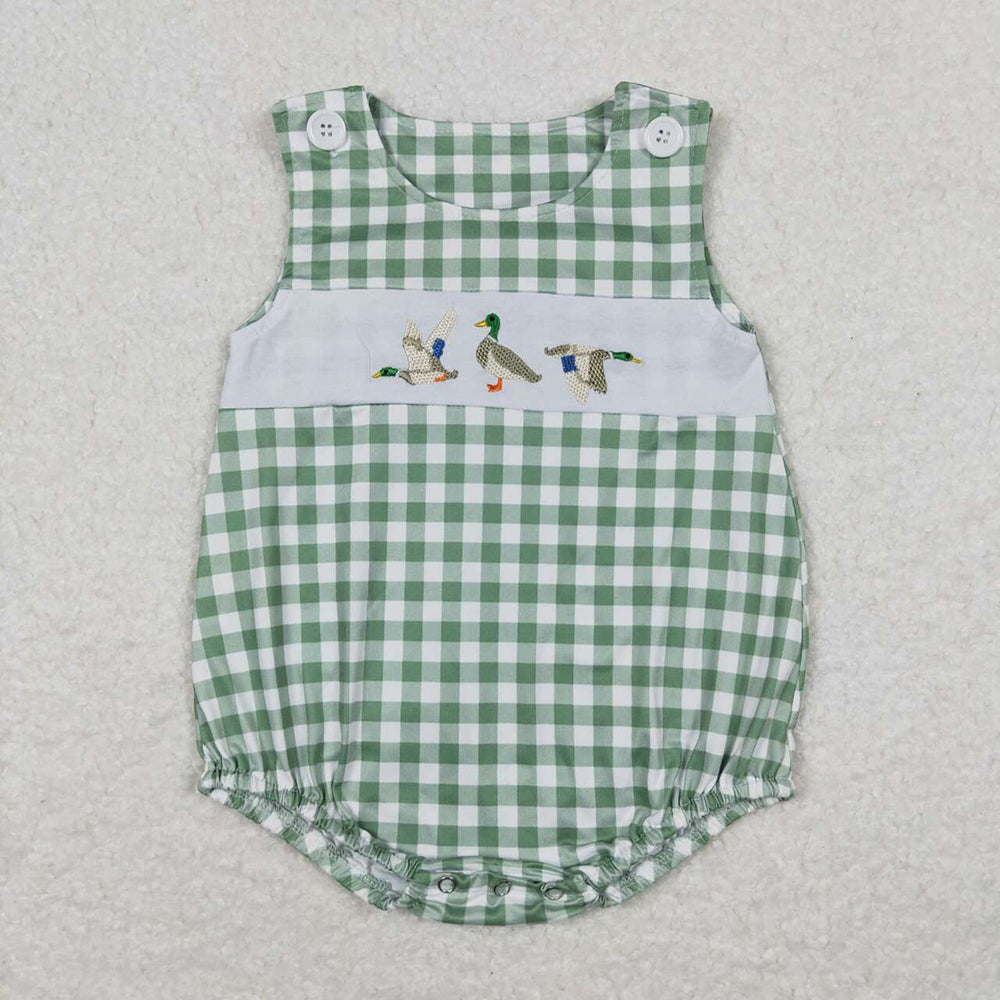 Baby Boy Girl Sibling Embroidery Ducks Green Checkered Romper Dress Set