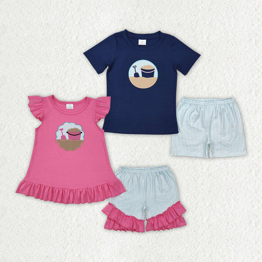 Baby Boy Girl Short Sleeves Embroidery Beach Sibling Clothes Set