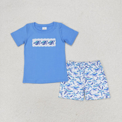 Baby Boy Embroidery Turtles Tee Shirts Tops Shorts Blue Set