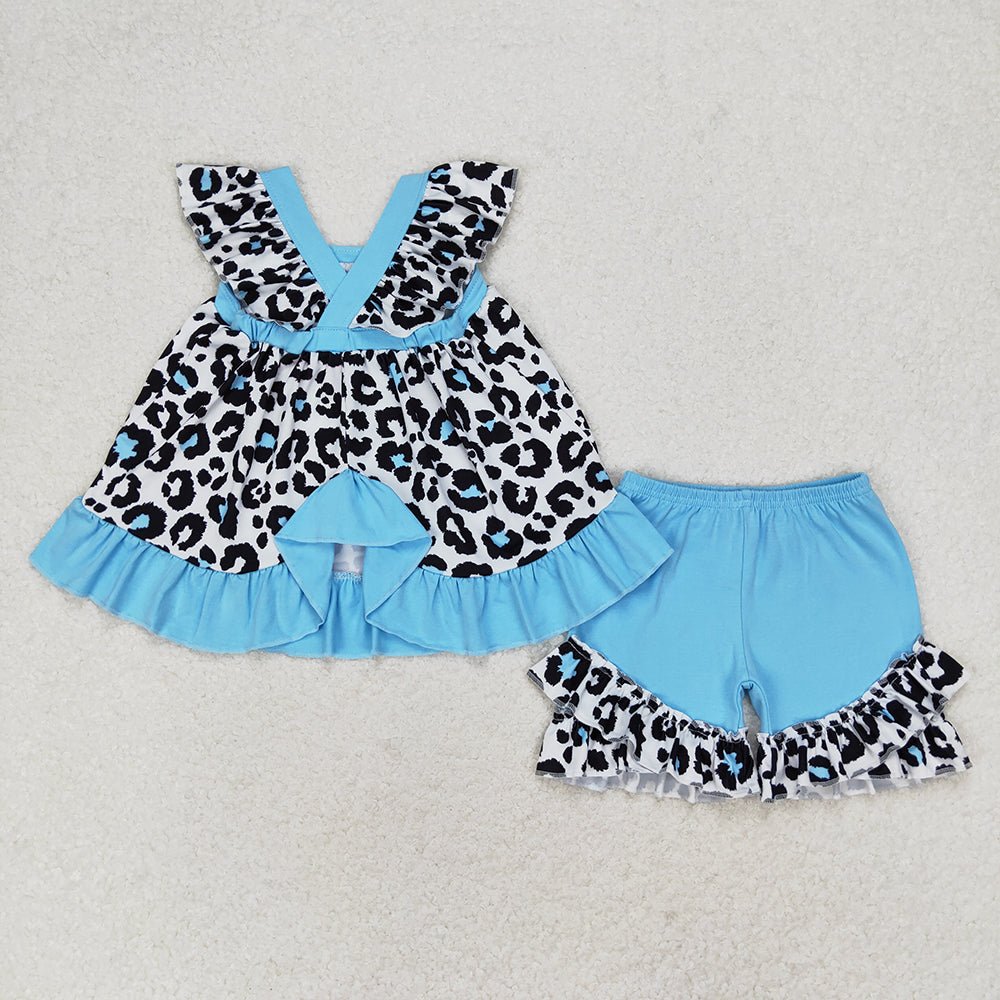 Baby Girl Leopard Tops Blue Ruffle Shorts Summer Set