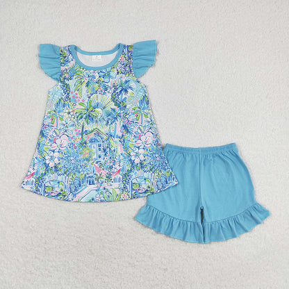 Baby Girls Blue Flowers Sibling Rompers Clothes Sets