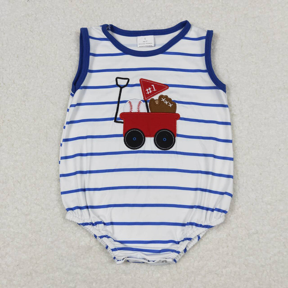 Baby Boy Blue Stripes Embroidery Baseball Sibling Romper Set