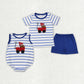 Baby Boy Blue Stripes Embroidery Baseball Sibling Romper Set