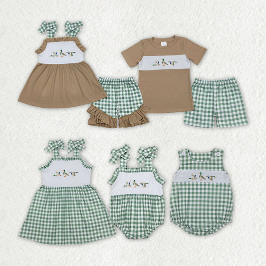 Baby Boy Girl Sibling Embroidery Ducks Green Checkered Romper Dress Set