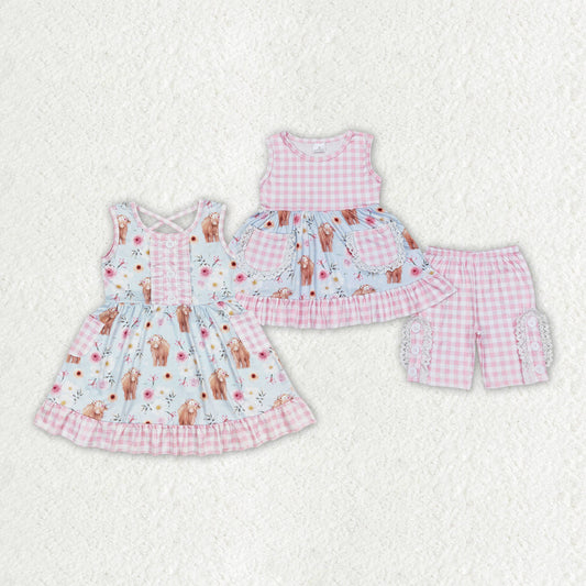 Baby Girl Cow Flower Pink Plaid Western Sibling Clothes Set