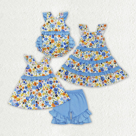 Baby Girl Flower Sibling Sister Romper Dresses Blue Set