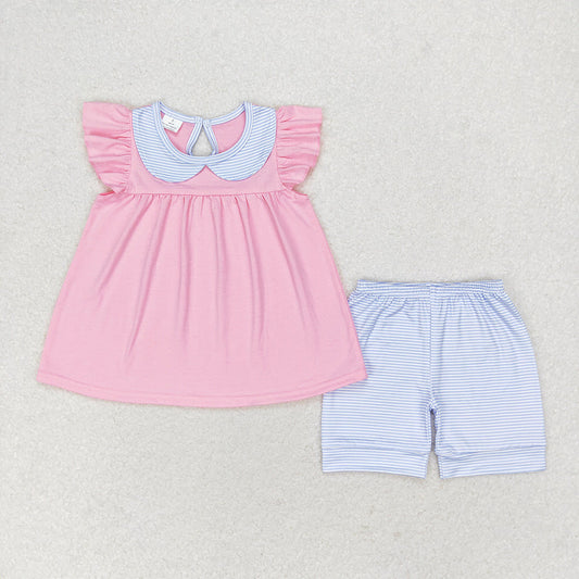 Baby Girl Pink Cotton Ruffle Tunic Blue Stripes Shorts Summer Set