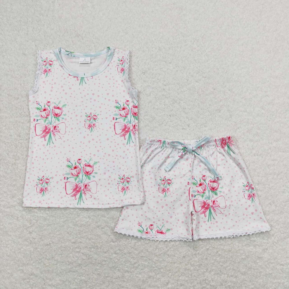 Baby Girl Sleeveless Flower Tops Shorts Sibling Sister Pajamas Set